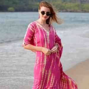 Lowest Price Bohemian Style Floral Tie Dye Summer <b>Kaftan</b> V- neck Long Sleeve <b>Beach</b> 100% Rayon Fabric Resort Wear <b>Kaftan</b> - Product Image 4