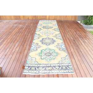 Vintage 3,3x12,3 ft Rug, <b>Runner</b> Turkish Rug, Blue <b>Green</b> Oriental Rug - Product Image 1