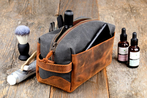 Vintage Canvas And Leather Toiletry Bag Medium Size Zipper Closure Multi Function Travel <b>Pouch</b> For <b>Men</b> - Product Image 1