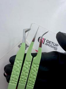 Nouvel ensemble de pinces à cils antistatiques GETUP BROSONS IMPEX en acier inoxydable, pointe lisse de 10 mm, manche confortable vert - Product Image 4