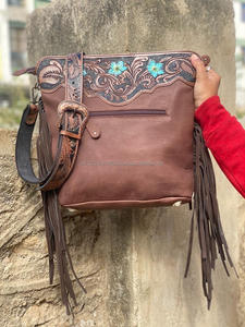 Nuevo diseño, bolso de mano de cuero, bolso de cuero con flecos de piel de vaca Real, bolso de hombro tallado, bolsos de Color turquesa bohemio para mujer - Product Image 5