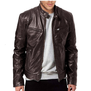 Chaqueta de invierno con cuello levantado para hombre, chaqueta de motorista de piel de cordero auténtica negra con chaqueta de motocicleta marrón Vintage, chaqueta curtida para hombre - Product Image 1
