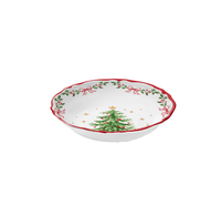 Assiette de Noël vintage en mélamine rouge à bord ondulé, motif sapin, nœud et houx, sans BPA, ronde, pour la décoration familiale des fêtes