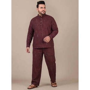 Conjunto de Algodón para Hombre Amanush, Talla Grande, Diseño a Cuadros Texturizado, Cuello Mao, Kurta de Manga Larga con Pantalón, Atuendo Informal para Verano - Product Image 1