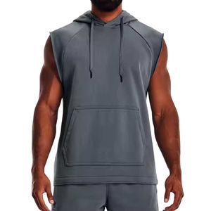 Men's High Quality 100% Cotton Gym <b>Hoodie</b> Workout Cut-Off Muscle Style Winter <b>Sleeveless</b> Bodybuilding Hooded Top - Product Image 4