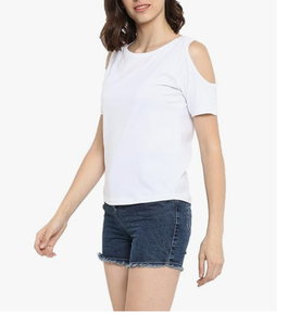 Camiseta de manga corta con hombros descubiertos de tela personalizada de color sólido al por mayor de fabricante para mujer - Product Image 5