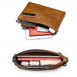 Cartera de mano de cuero genuino Vintage con logotipo personalizado de alta calidad para hombre, cierre de cremallera larga, forro de poliéster, patrón sólido OEM/ODM - Product Image 2