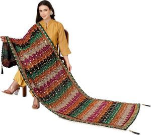 Intricate Mirror Stitch Dupatta <b>Green</b> Pink Embroidered Chinon <b>Silk</b> Ethnic Plain Style for Spring Season Printed for Muslims - Product Image 5