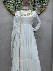 Vestido de Trabajo Elegante de Georgette Satinado con Bordado, Transpirable, con Lentejuelas, con Dupatta, Cintura Natural, Amarillo - Product Image 4