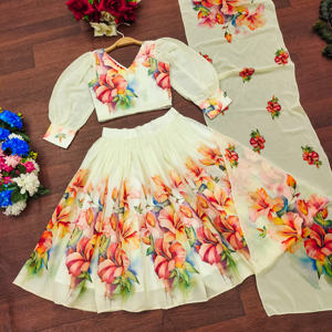 Shoryam - Lehenga Choli de Organza con Estampado Floral para Niñas, para Fiestas y Bodas, Diseño de Manga Obispo, Dupatta Festoneada - Product Image 2