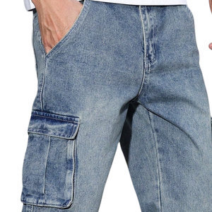 Mens <b>Light</b> Blue Denim Cargo Pants Loose Fit Straight Leg Multi Pocket Casual Washed Utility Jeans 100% Cotton Mid Everyday Wear - Product Image 6