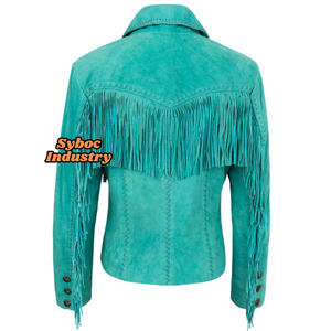Chaqueta de cuero con flecos 2025 para mujer, chaqueta de cuero con flecos con tachuelas de vaquera con estilo de piel de vaca auténtica para Festival occidental - Product Image 6