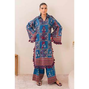 Unstitched <strong>Blue</strong> 2-Piece Cotton Lawn Suit for Women Daily <strong>Wear</strong> with Tassel Decoration - Product Image 3