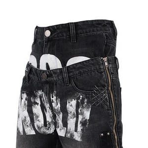 Fabricante de estampado personalizado de diamantes de imitación de cristal 100% algodón sólido Denim Jorts desgastado holgado Vintage doble cintura High Street - Product Image 4