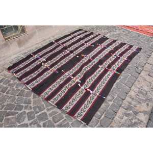 Tapis turc noir et blanc vintage, grande surface 6 'X 8', laine, latex, décor ethnique patchwork couloir rectangle pour décor de salon - Product Image 4