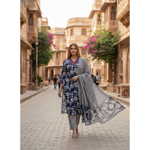 Elegante Conjunto de Kurta Azul Marino con Estampado Floral, Mangas Tres Cuartos y Dupatta para Primavera/Verano - Product Image 1
