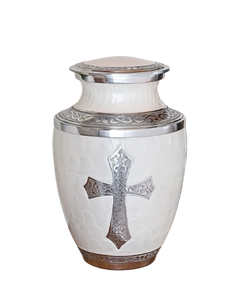 Premium Handmade Metal Cross Design Cremation <b>Urn</b> White Color <b>Large</b> 220 lbs Adult Funeral Memorial <b>Urn</b> - Product Image 1