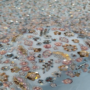 Meilleure qualité 100% polyester tissu brodé avec des perles de couture travail manuel maille matériel très demandé robes de mariée importées - Product Image 4