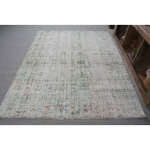Alfombra turca Vintage moderna de 5,6x7 pies, verde, Beige, área grande clásica, diseño de retazos rectangulares, Material de lana, Alfombra de látex para habitación - Product Image 1