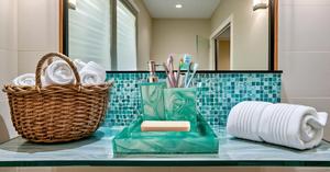 Complete 4-Piece Resin Bathroom Accessory <b>Set</b> Green Vanity Tray with <b>Soap</b> Dispenser and Toothbrush Holders Disposable Features - Product Image 4