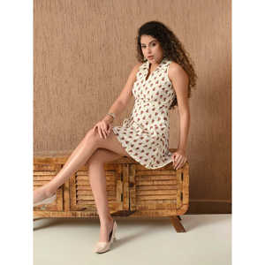 Robe Bohème Femme Coupe Trapèze Col en V Imprimé Floral Taille Naturelle Entièrement Doublée 100% Coton Mini Lavable Respirante Vêtement d'Été - Product Image 3