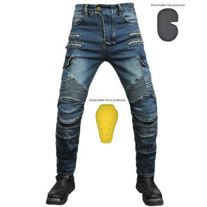 Denim bleu pour pantalon en jean de course avec coussinets de protection amovibles en denim renforcés en tissu respirant pour la protection des genoux et des cuisses - Product Image 1