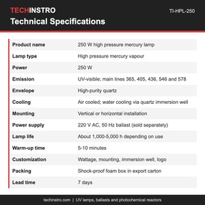 Lámpara de Vapor de Mercurio de Alta Presión de 250W para Laboratorio, Luz Visible, para Reactores Fotoquímicos y Pruebas de Degradación de Tintes - Product Image 3