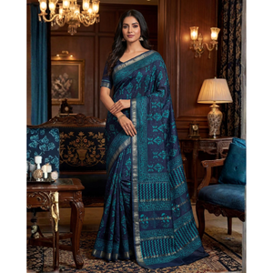 Sari étnico Chanderi con bordado y blusa, de seda suave y pesada, estilo pakistaní y Bollywood para Salwar Kameez - Product Image 1