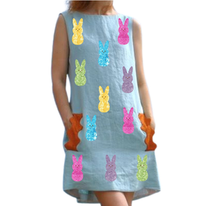 Robe décontractée personnalisée pour Pâques, avec des lapins mignons, des patchs à paillettes, à thème, pour femmes et filles, ample, mi-longue, respirante, printemps/été 2026 - Product Image 1