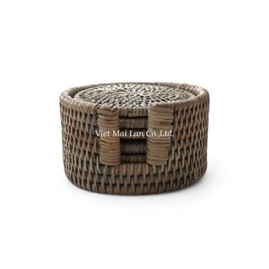 Handwoven Natural Rattan <b>Coaster</b> <b>Set</b> With Storage Tray Crafted By Vietnamese Artisans For Home Use - Product Image 2