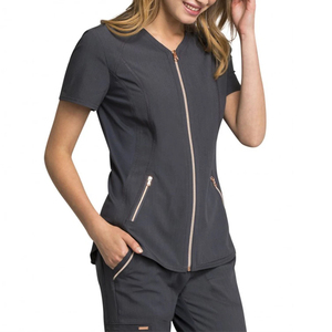 Nouveau Style de fermeture éclair 2 poches gris femmes tricoté Spandex respirant confortable gommage médical ensembles en gros mode infirmière - Product Image 1