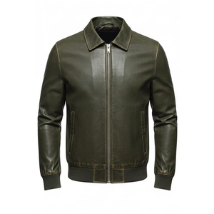 Veste bomber unisexe en cuir véritable vert olive, col rabattu, peau de vache lisse, devant en toile, finition vieillie personnalisée, décontractée - Product Image 1