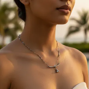 Collier tendance pour femme en argent 925 oxydé, chaîne à maillons plaqué or, pierre naturelle, diamant, perle, pour fêtes, occasions religieuses, mode - Product Image 2