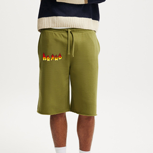 กางเกงขาสั้นผ้าฟลีซ100% สำหรับผู้ชายโลโก้พิมพ์ DTF สีพื้นมีขอบดิบระบายอากาศผ้าฝ้ายสั้นสำหรับผู้ชาย - Product Image 1