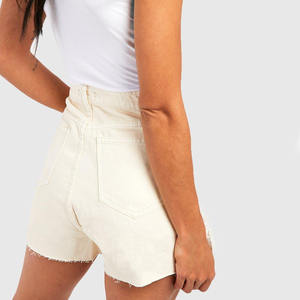 Short en jean beige pour femmes de haute qualité décontracté taille moyenne bouton braguette avec poches latérales en détresse ourlet brut respirant - Product Image 5