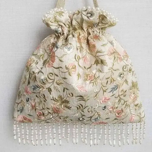 Raw Silk Fabric Wrist Bags Luxury Bucket Beautifully Embellished Crystal Glass Beads Pearls Resham Party <b>Wedding</b> Wear 2024 - Product Image 1