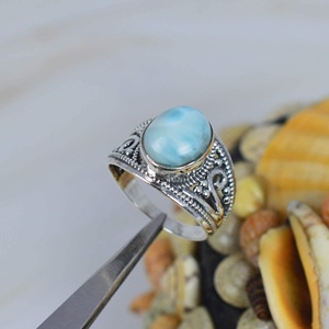 Natural <b>Blue</b> Larimar Oval Brilliant Shape Ring Gemstone Ring 925 Sterling Silver Ring Handmade Silver Jewelry Wholesale For Her - Product Image 2