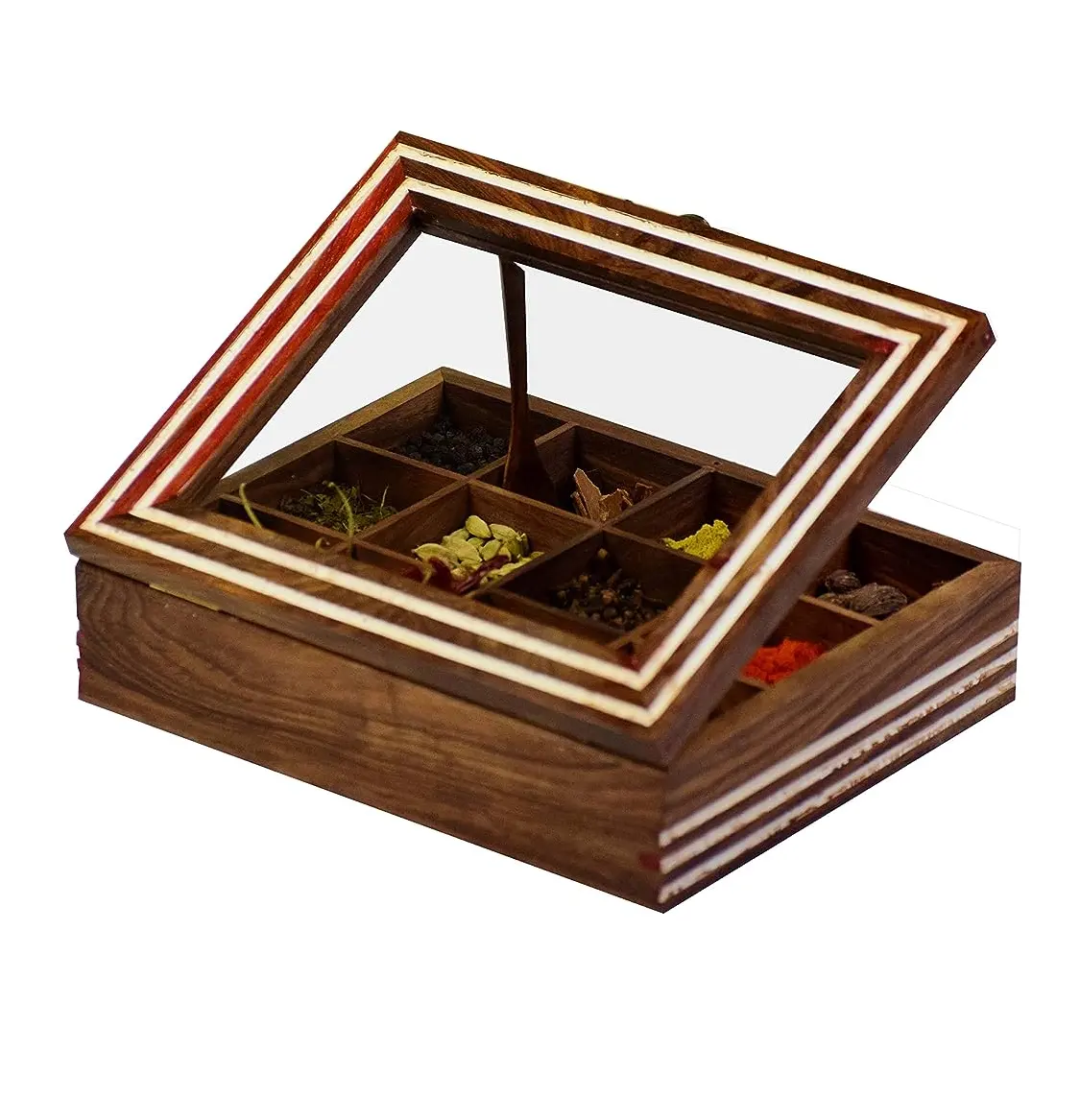 Dernière conception Boîte à épices en bois finie Boîte de rangement utilitaire Forme carrée Boîtes de haute qualité Utilisation polyvalente