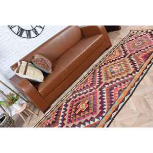 Alfombra Turca de 3.2x10.5 pies, Alfombra de Lana con Diseño Floral Vintage en Rojo y Azul - Product Image 3