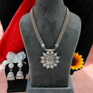 Traditional Oxidised <b>Silver</b> Tone Necklace Set <b>Long</b> Pendant Rustic <b>Earrings</b> Elegant Fashion Pendants Charms for Weddings Gifts - Product Image 1