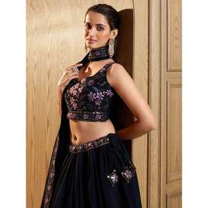 Lehenga Choli en Georgette Bleu Marine avec Broderie de Fil Exquise pour les Occasions de Mariage - Product Image 3