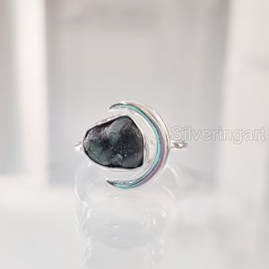 Joyería de piedra en bruto, anillo de mujer, piedra preciosa Esmeralda cruda Natural, piedra natal de mayo, anillo de luna creciente, joyería, anillo de Plata de Ley 925 - Product Image 2