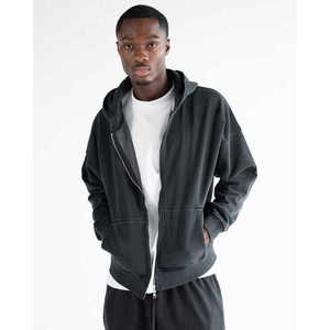 <b>Mens</b> Winter Vintage Washed <b>Black</b> Full Zip <b>Hoodie</b> <b>Plain</b> Solid Color Heavyweight 100% Trackstar OEM Private Label - Product Image 5