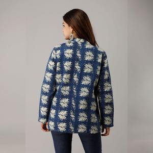 Blue Cotton <b>Quilted</b> <b>Jacket</b> for Ladies Floral Vintage <b>Pattern</b> with Stand Collar Button Logo Decoration XL Size for All Seasons - Product Image 5