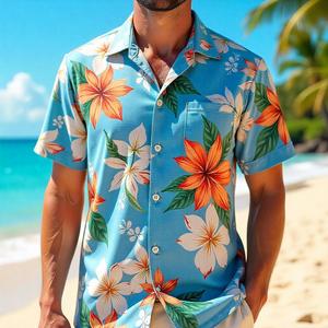 Beach Holidays Dress Shirt Quick Dry Tops Allover Logo Manga corta Flores personalizadas Impreso Hawaiian Camisas de hombre - Product Image 1