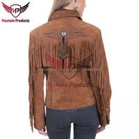 Jaket kulit Festival gaya Barat wanita, dengan pinggiran Suede, depan jepret, dan mantel rumbai putih untuk wanita