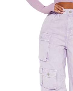 Lavender <b>Wide</b> <b>Leg</b> <b>Cargo</b> Pants Women High Waist Denim Trousers With Multi Pockets Casual Streetwear Manufacturer Supply OEM - Product Image 3