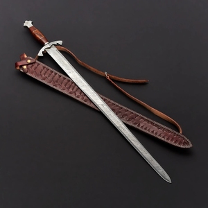 Espada vikinga de acero de Damasco hecha a mano con vaina de cuero, juguete de Metal históricamente preciso para exhibición Unisex - Product Image 5
