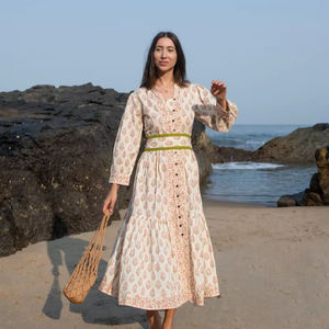 Vestido Maxi Floral Estampado a Mano con Bloques de Algodón Orgánico, Vestido de Verano Bohemio - Product Image 1