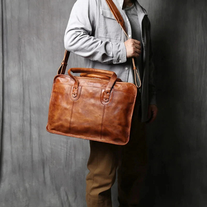 Classic Genuine Leather Laptop Messenger Handbag Protective Lightweight Durable Office Use Shoulder Bag - Product Image 1